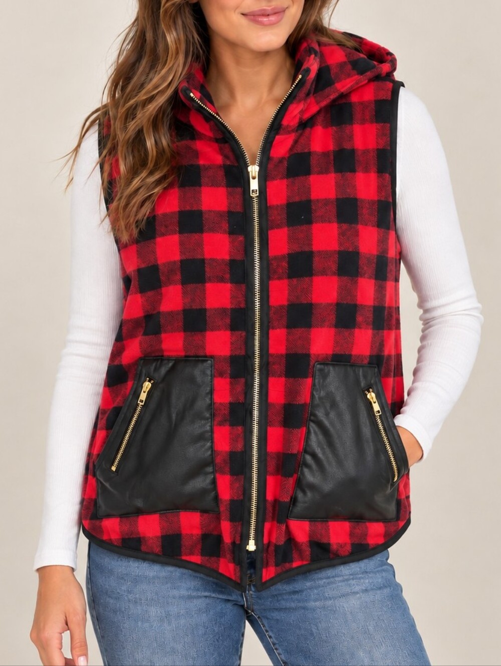 SI Style Dot Com Plaid Hooded Vest Red Black Faux Leather Pockets Med Cabincore